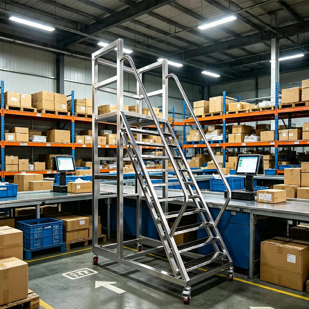 GROVIA Heavy Duty Mobile Platform Ladder with Safety Handrails, Anti-Slip Steps and Locking Wheels for Warehouse - Silver