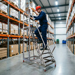 GROVIA Heavy Duty Mobile Platform Ladder with Safety Handrails, Anti-Slip Steps and Locking Wheels for Warehouse - Silver