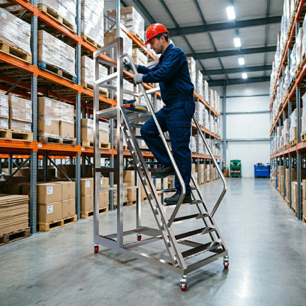 GROVIA Heavy Duty Mobile Platform Ladder with Safety Handrails, Anti-Slip Steps and Locking Wheels for Warehouse - Silver