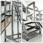 GROVIA Heavy Duty Mobile Platform Ladder with Safety Handrails, Anti-Slip Steps and Locking Wheels for Warehouse - Silver