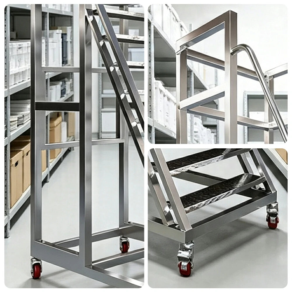 GROVIA Heavy Duty Mobile Platform Ladder with Safety Handrails, Anti-Slip Steps and Locking Wheels for Warehouse - Silver