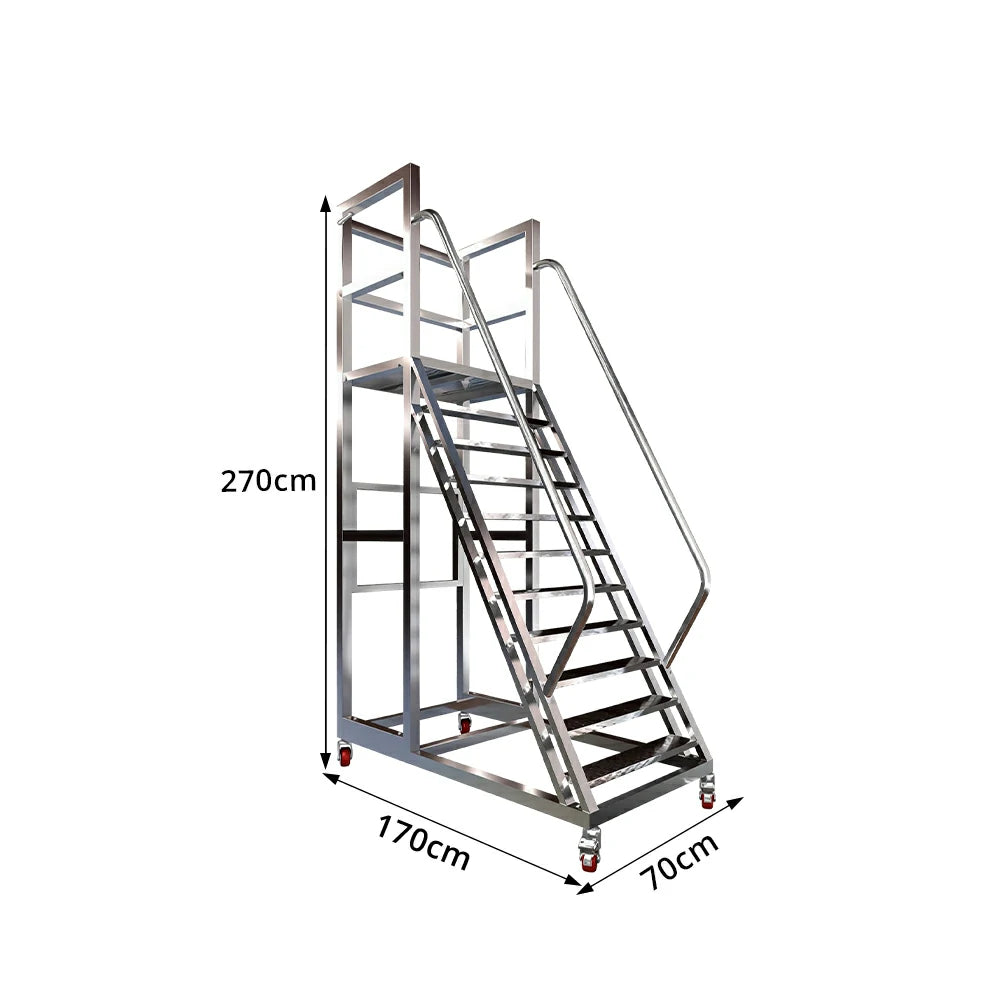 GROVIA Heavy Duty Mobile Platform Ladder with Safety Handrails, Anti-Slip Steps and Locking Wheels for Warehouse - Silver