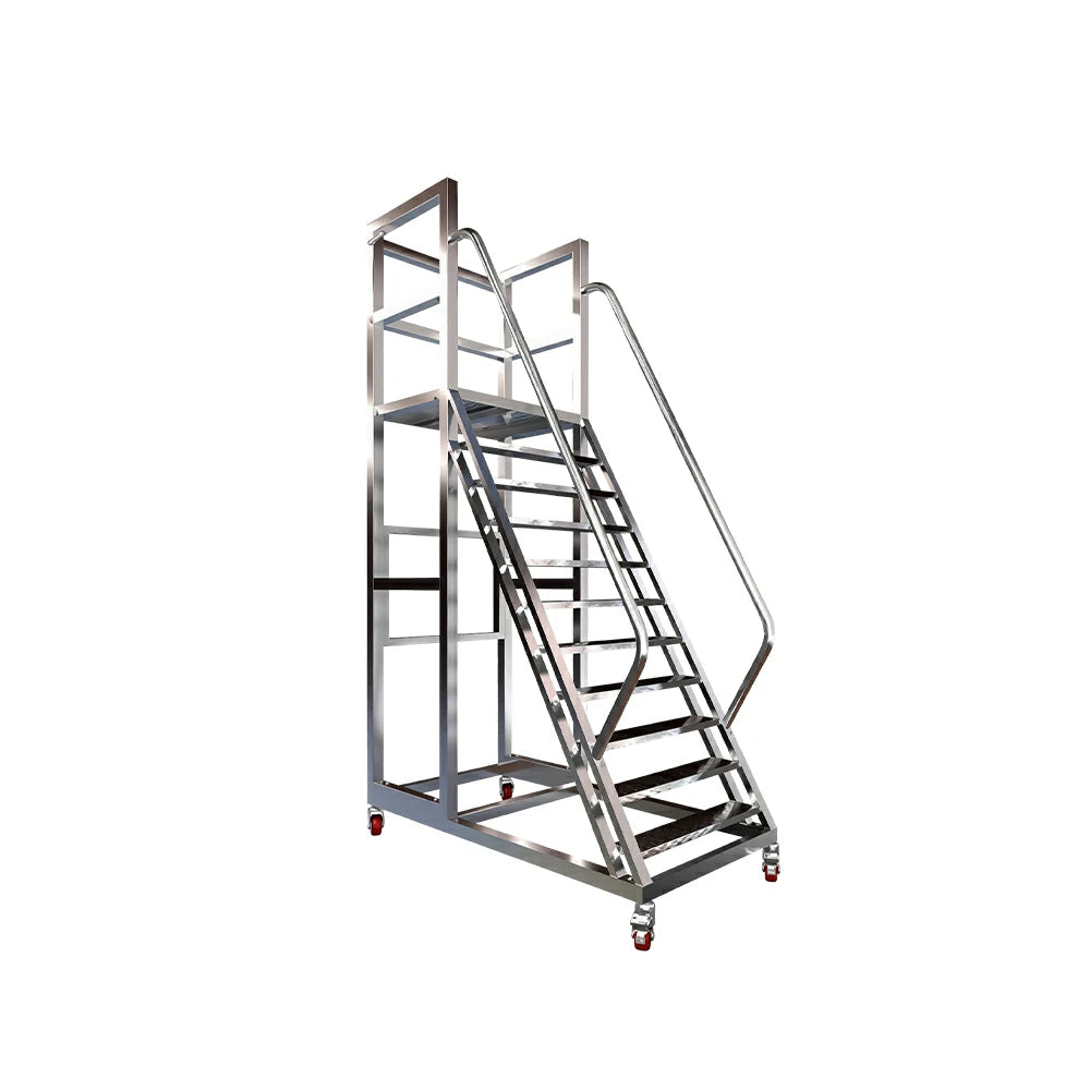 GROVIA Heavy Duty Mobile Platform Ladder with Safety Handrails, Anti-Slip Steps and Locking Wheels for Warehouse - Silver