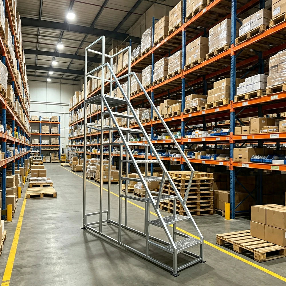 GROVIA Heavy Duty Industrial Platform Ladder with Safety Handrails and Anti-Slip Steps for Warehouse - Silver