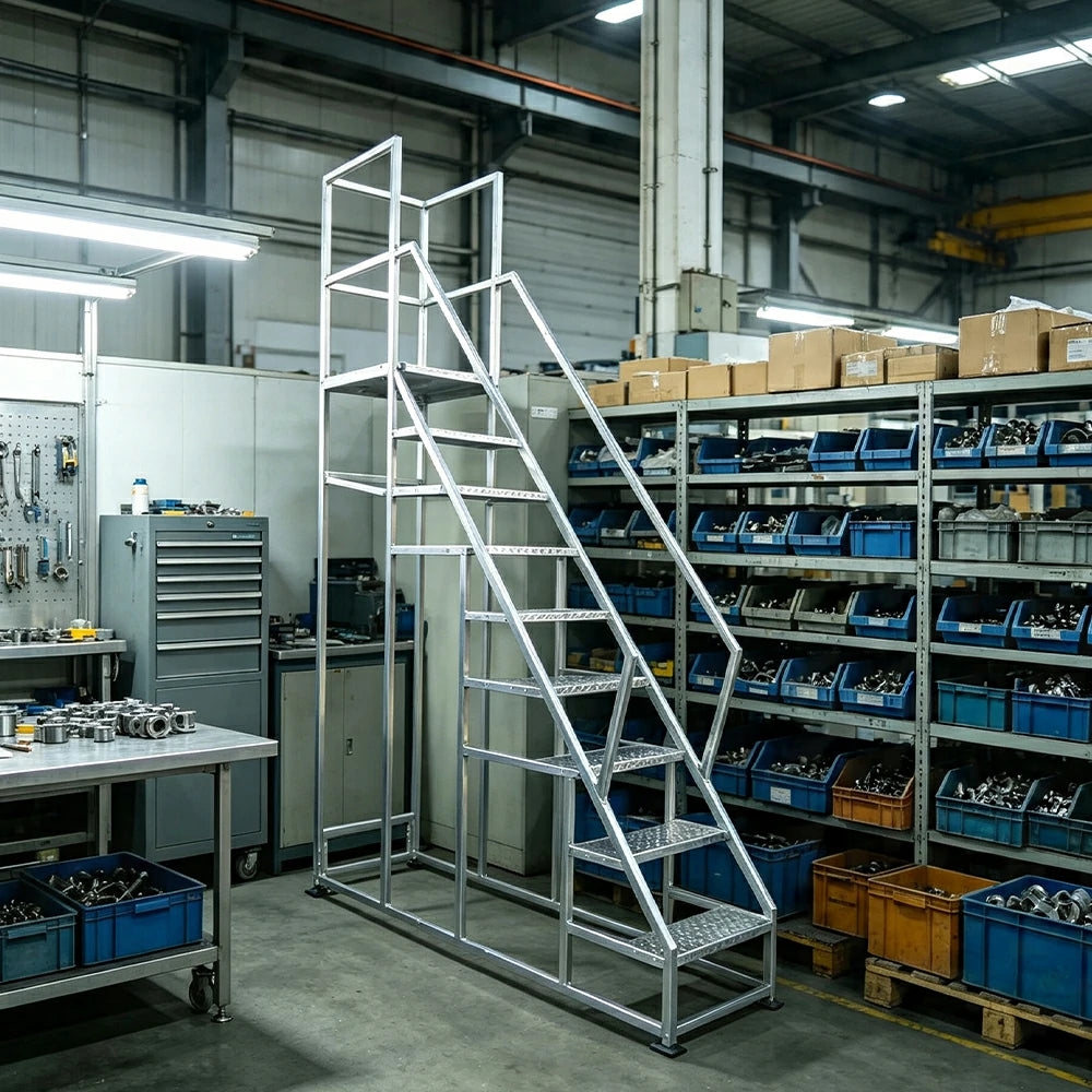GROVIA Heavy Duty Industrial Platform Ladder with Safety Handrails and Anti-Slip Steps for Warehouse - Silver