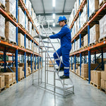 GROVIA Heavy Duty Industrial Platform Ladder with Safety Handrails and Anti-Slip Steps for Warehouse - Silver