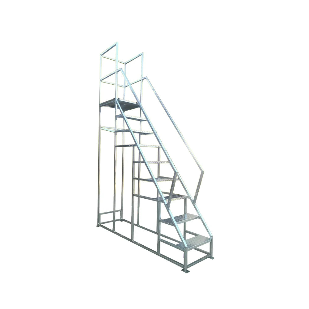 GROVIA Heavy Duty Industrial Platform Ladder with Safety Handrails and Anti-Slip Steps for Warehouse - Silver