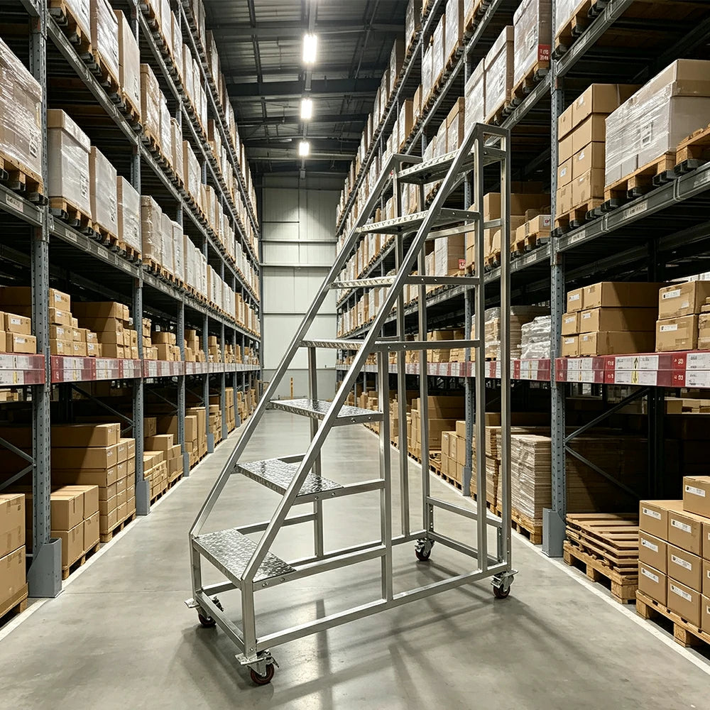 GROVIA Heavy Duty Mobile Industrial Platform Ladder with Anti-Slip Steps and Locking Wheels for Warehouse - Silver