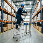 GROVIA Heavy Duty Mobile Industrial Platform Ladder with Anti-Slip Steps and Locking Wheels for Warehouse - Silver