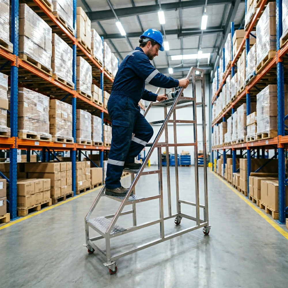 GROVIA Heavy Duty Mobile Industrial Platform Ladder with Anti-Slip Steps and Locking Wheels for Warehouse - Silver