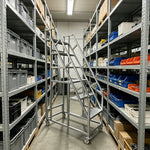 GROVIA Heavy Duty Mobile Industrial Platform Ladder with Dual Handrails, Anti-Slip Steps and Locking Wheels - Silver