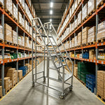 GROVIA Heavy Duty Mobile Industrial Platform Ladder with Dual Handrails, Anti-Slip Steps and Locking Wheels - Silver