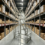 GROVIA Heavy Duty Mobile Industrial Platform Ladder with Dual Handrails, Anti-Slip Steps and Locking Wheels - Silver