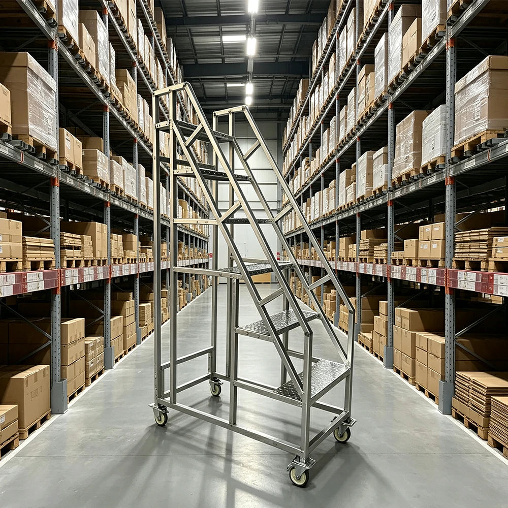 GROVIA Heavy Duty Mobile Industrial Platform Ladder with Dual Handrails, Anti-Slip Steps and Locking Wheels - Silver