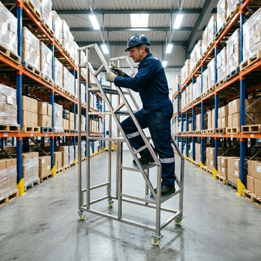 GROVIA Heavy Duty Mobile Industrial Platform Ladder with Dual Handrails, Anti-Slip Steps and Locking Wheels - Silver