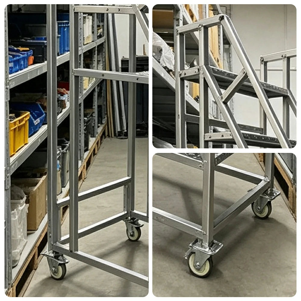 GROVIA Heavy Duty Mobile Industrial Platform Ladder with Dual Handrails, Anti-Slip Steps and Locking Wheels - Silver