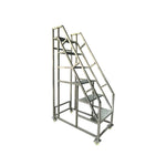 GROVIA Heavy Duty Mobile Industrial Platform Ladder with Dual Handrails, Anti-Slip Steps and Locking Wheels - Silver