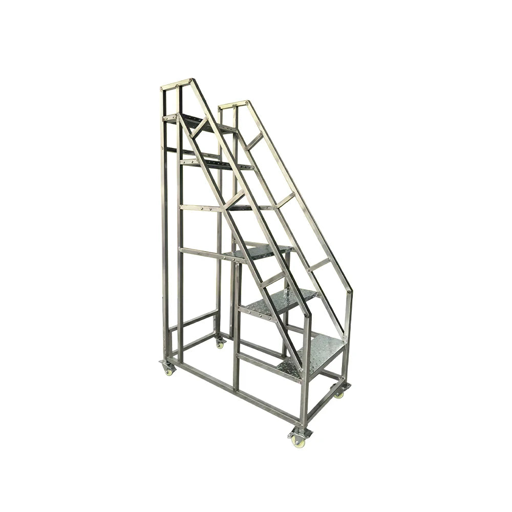 GROVIA Heavy Duty Mobile Industrial Platform Ladder with Dual Handrails, Anti-Slip Steps and Locking Wheels - Silver