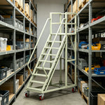 GROVIA Heavy Duty Mobile Platform Ladder with Safety Handrails and Locking Wheels for Warehouse - Grey White