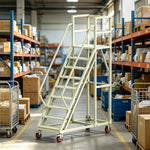GROVIA Heavy Duty Mobile Platform Ladder with Safety Handrails and Locking Wheels for Warehouse - Grey White