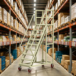GROVIA Heavy Duty Mobile Platform Ladder with Safety Handrails and Locking Wheels for Warehouse - Grey White