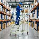 GROVIA Heavy Duty Mobile Platform Ladder with Safety Handrails and Locking Wheels for Warehouse - Grey White