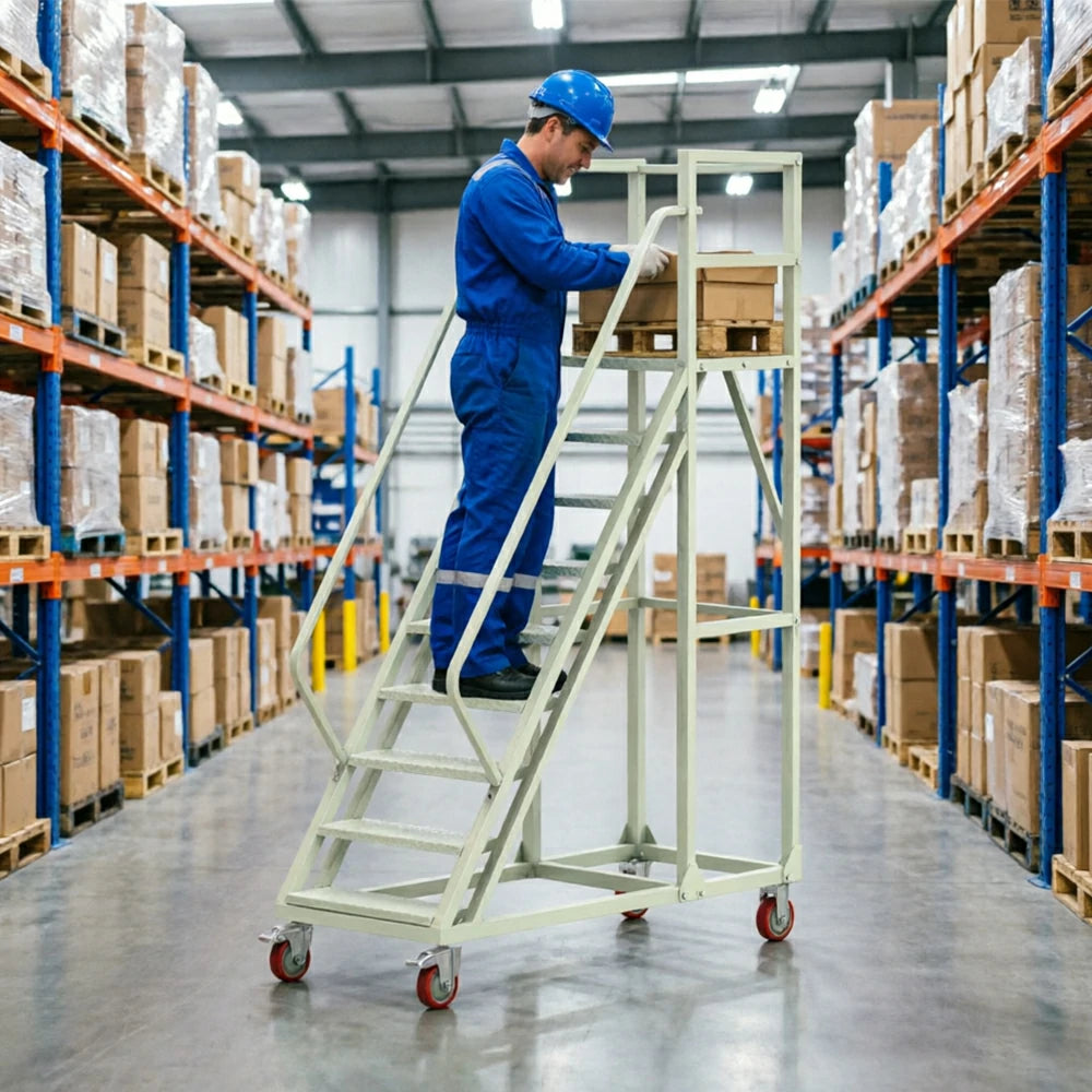 GROVIA Heavy Duty Mobile Platform Ladder with Safety Handrails and Locking Wheels for Warehouse - Grey White