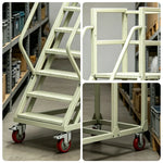 GROVIA Heavy Duty Mobile Platform Ladder with Safety Handrails and Locking Wheels for Warehouse - Grey White