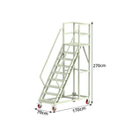 GROVIA Heavy Duty Mobile Platform Ladder with Safety Handrails and Locking Wheels for Warehouse - Grey White