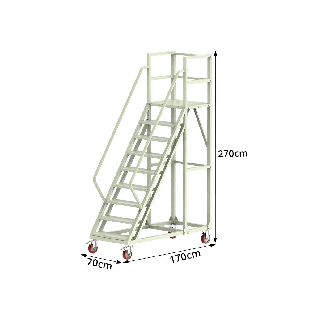 GROVIA Heavy Duty Mobile Platform Ladder with Safety Handrails and Locking Wheels for Warehouse - Grey White