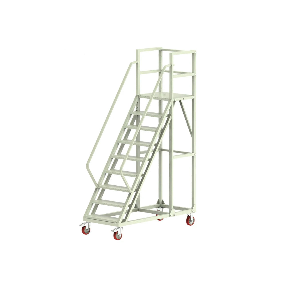 GROVIA Heavy Duty Mobile Platform Ladder with Safety Handrails and Locking Wheels for Warehouse - Grey White