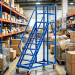 GROVIA Heavy Duty Mobile Platform Ladder with Safety Handrails and Locking Wheels for Warehouse - Blue