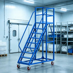 GROVIA Heavy Duty Mobile Platform Ladder with Safety Handrails and Locking Wheels for Warehouse - Blue