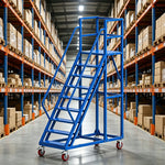 GROVIA Heavy Duty Mobile Platform Ladder with Safety Handrails and Locking Wheels for Warehouse - Blue