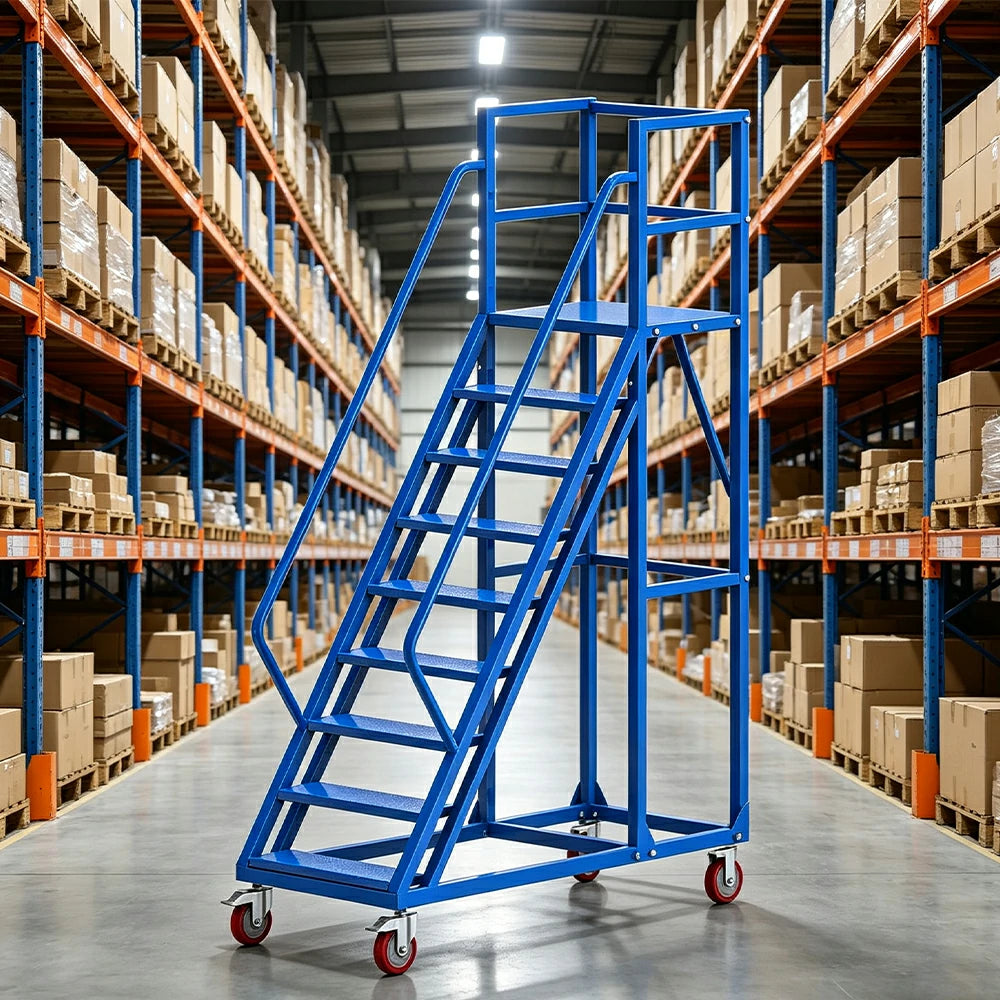 GROVIA Heavy Duty Mobile Platform Ladder with Safety Handrails and Locking Wheels for Warehouse - Blue