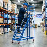 GROVIA Heavy Duty Mobile Platform Ladder with Safety Handrails and Locking Wheels for Warehouse - Blue