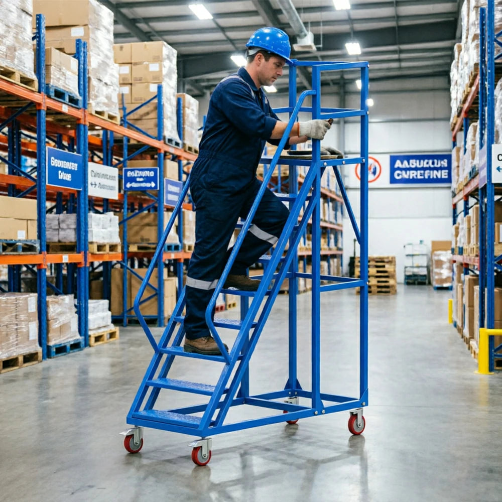 GROVIA Heavy Duty Mobile Platform Ladder with Safety Handrails and Locking Wheels for Warehouse - Blue