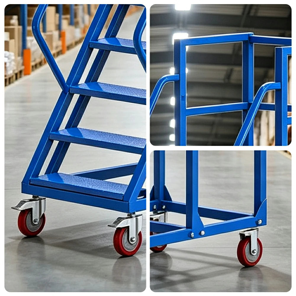 GROVIA Heavy Duty Mobile Platform Ladder with Safety Handrails and Locking Wheels for Warehouse - Blue
