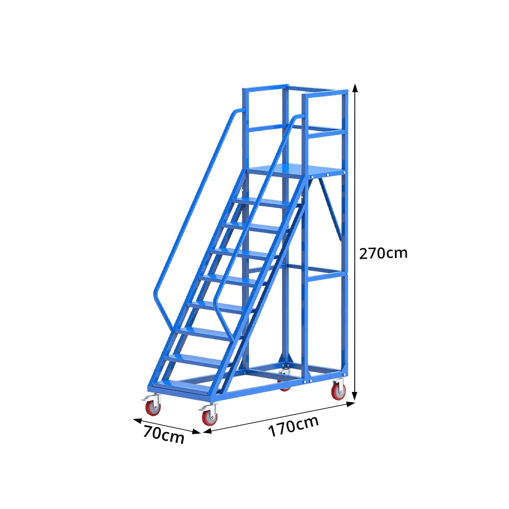 GROVIA Heavy Duty Mobile Platform Ladder with Safety Handrails and Locking Wheels for Warehouse - Blue