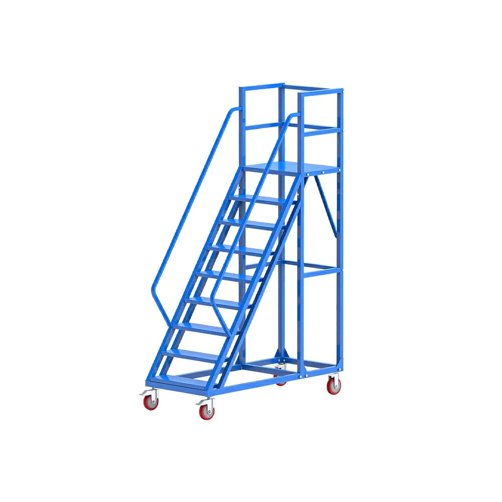 GROVIA Heavy Duty Mobile Platform Ladder with Safety Handrails and Locking Wheels for Warehouse - Blue