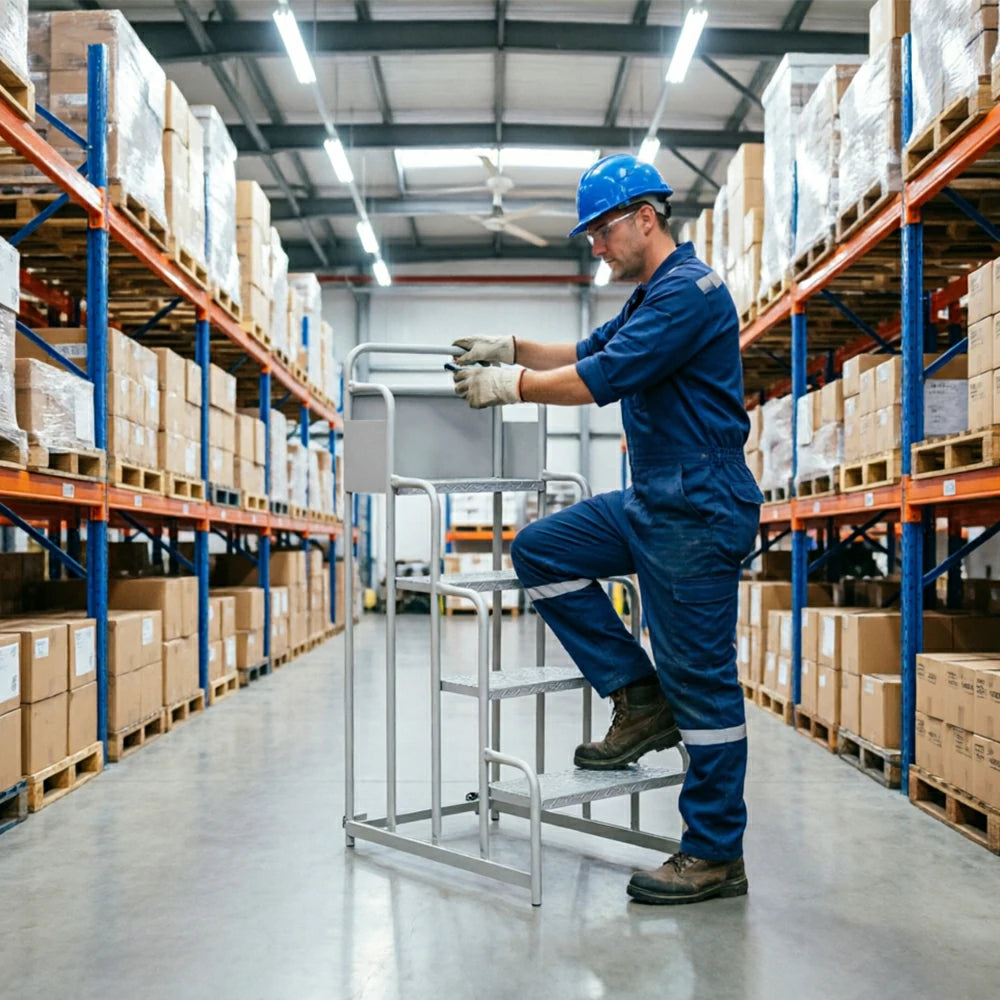 GROVIA 4 Step Integrated Mobile Platform Ladder with Safety Handrails, 1.0m Platform Height for Warehouse - Grey White