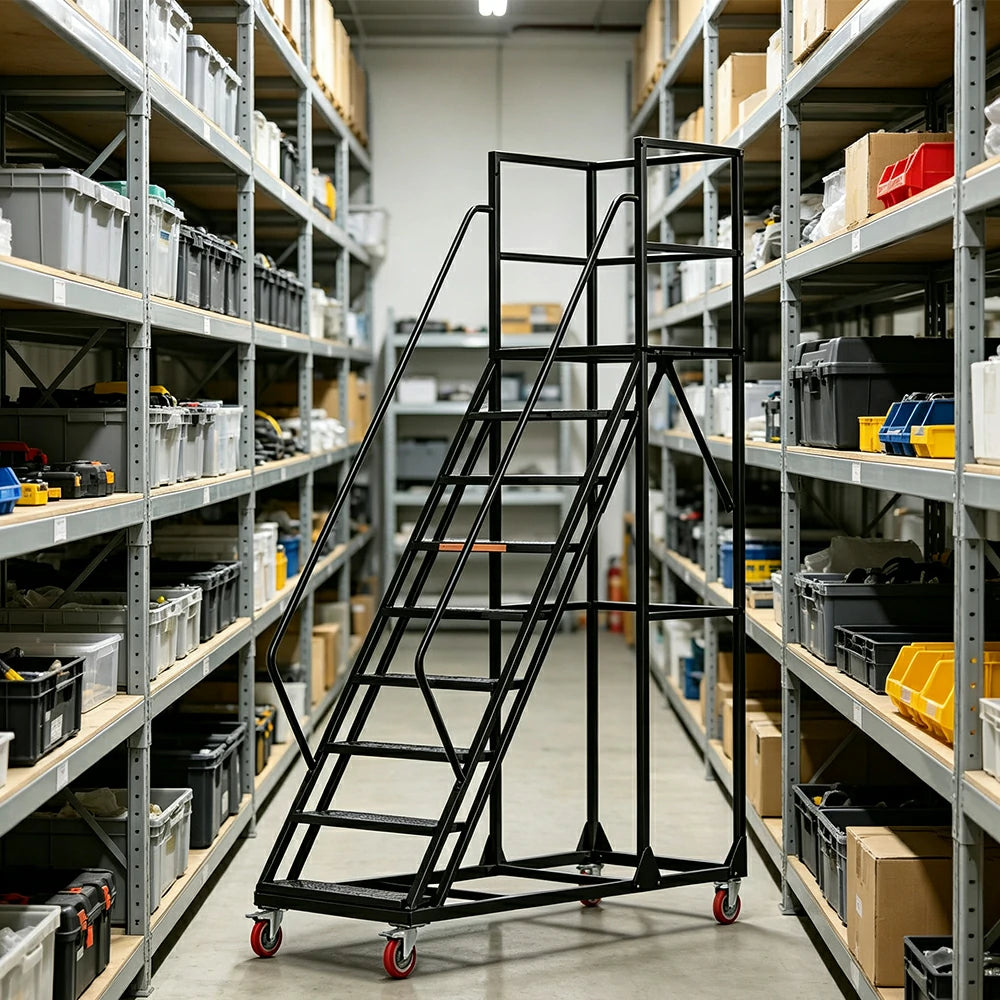 GROVIA 304 Stainless Steel Mobile Platform Ladder with Safety Handrails, 2.0m Platform Height for Warehouse - Silver