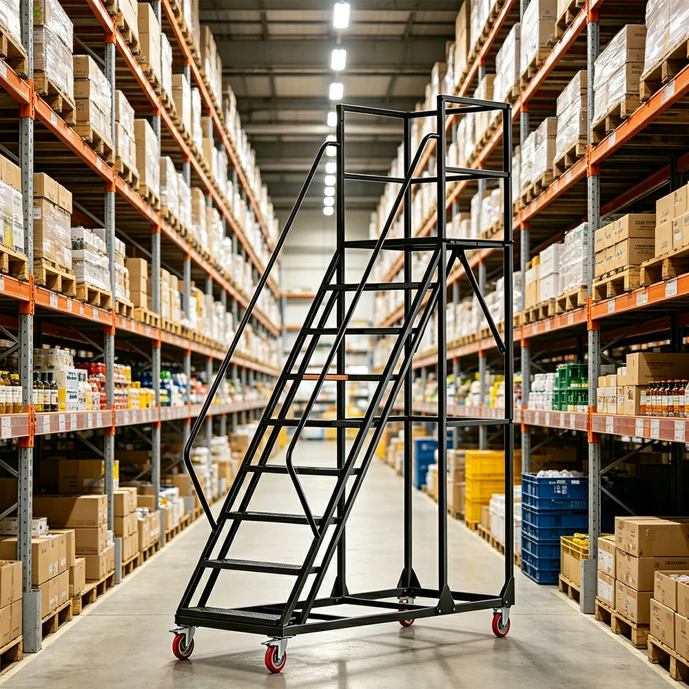 GROVIA 304 Stainless Steel Mobile Platform Ladder with Safety Handrails, 2.0m Platform Height for Warehouse - Silver