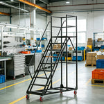 GROVIA 304 Stainless Steel Mobile Platform Ladder with Safety Handrails, 2.0m Platform Height for Warehouse - Silver