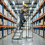 GROVIA 304 Stainless Steel Mobile Platform Ladder with Safety Handrails, 2.0m Platform Height for Warehouse - Silver