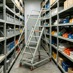 GROVIA Heavy Duty Mobile Platform Ladder with Safety Handrails, Anti-Slip Steps and Locking Wheels for Warehouse - Grey White