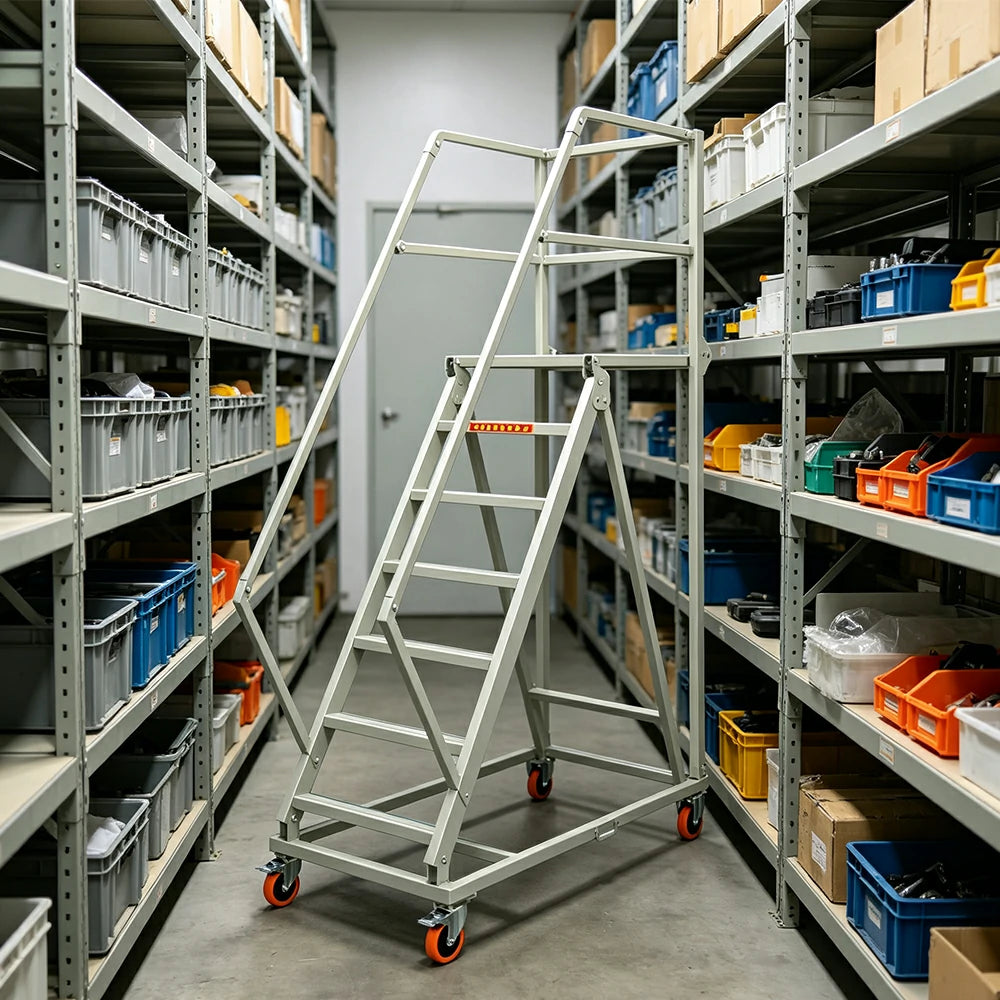 GROVIA Heavy Duty Mobile Platform Ladder with Safety Handrails, Anti-Slip Steps and Locking Wheels for Warehouse - Grey White