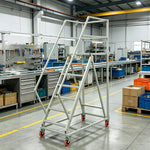 GROVIA Heavy Duty Mobile Platform Ladder with Safety Handrails, Anti-Slip Steps and Locking Wheels for Warehouse - Grey White
