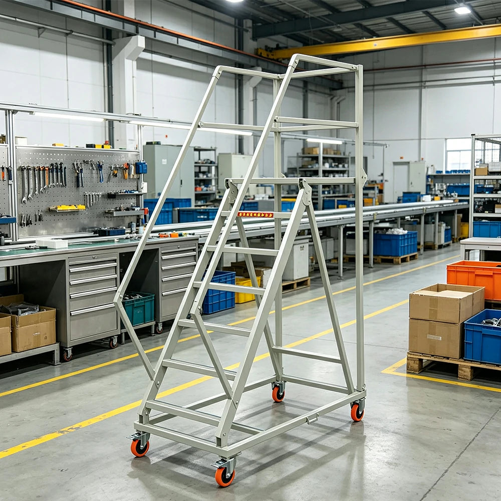GROVIA Heavy Duty Mobile Platform Ladder with Safety Handrails, Anti-Slip Steps and Locking Wheels for Warehouse - Grey White