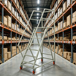 GROVIA Heavy Duty Mobile Platform Ladder with Safety Handrails, Anti-Slip Steps and Locking Wheels for Warehouse - Grey White